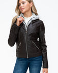 YMI Faux Layered Double-Zipper Jacket with Fuzzy Hood