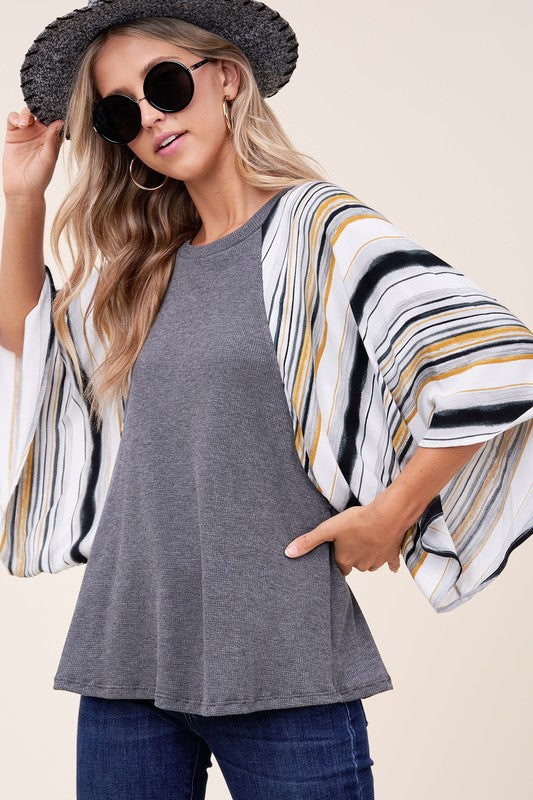 e Luna PLUS Waffle Striped Mix Kimono Top