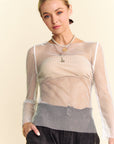 Davi & Dani Sparkling Rhinestone Sheer Mesh Round Neck Top