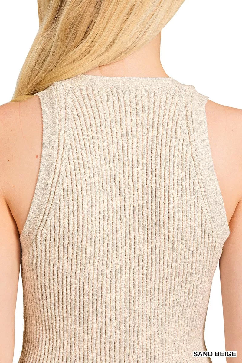 Zenana Ribbed Knit Button-Down Sweater Vest in Beige