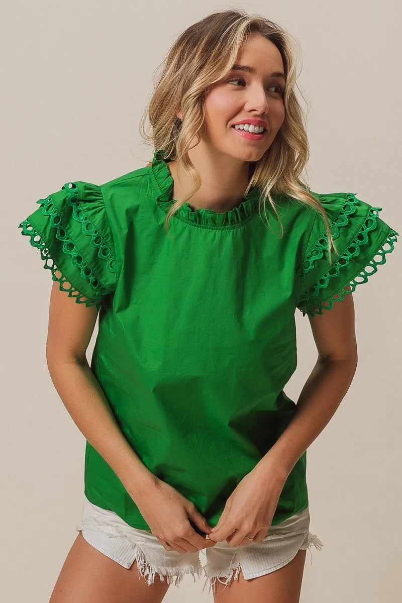 BiBi Solid Woven Circle Trim Ruffle Top