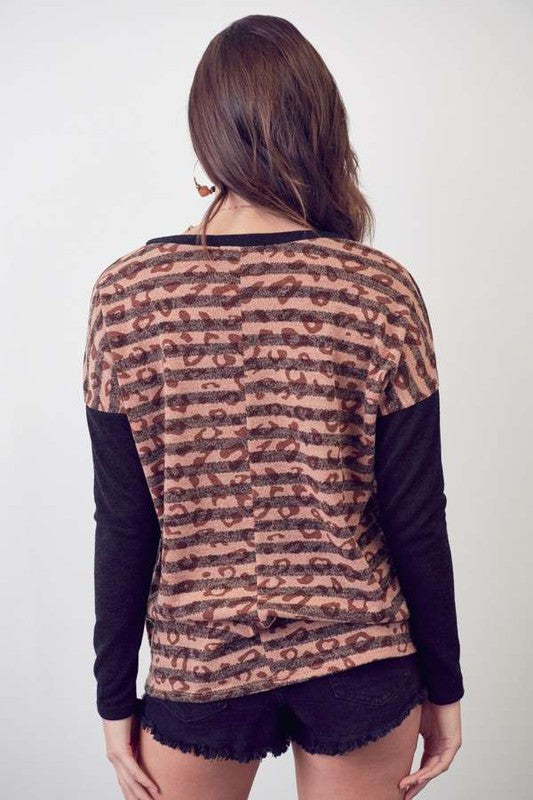 Jade by Jane Striped Animal Print Long Sleeve Top