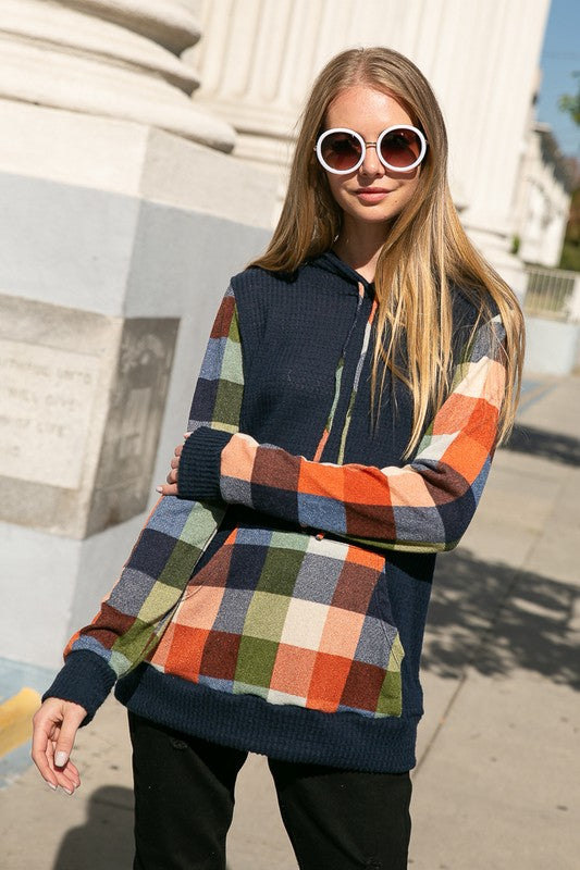 e Luna PLUS Plaid Mixed Hoodie Sweatshirt