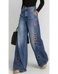 Women's Metal Eyelet High Waist Loose Wide-Leg Jeans – Light Blue, Black, Dark Blue