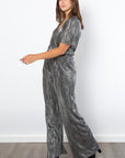 Be Stage Surplice Short Sleeve Pleated Foil Jumpsuit