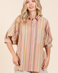 Mittoshop Striped Bubble Sleeve Button Down Shirt