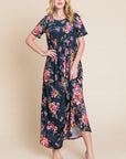 BOMBOM Floral Short Sleeve Maxi Dress