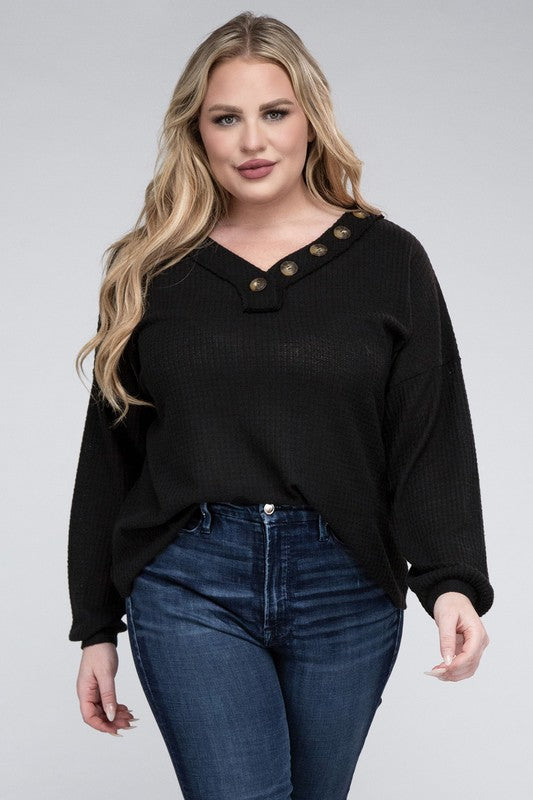 Zenana Plus Brushed Waffle V-Neck Button Detail Sweater