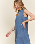 ADORA Notched Sleeveless Denim Dress with Pockets