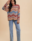 Annie Wear Multi Color Zig-Zag Round Neck Sweater