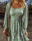 Floral Square Neck Shirred Waist Ruffle Dress