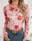 Pink Floral Print Exposed Seam Detail Mesh Long Sleeve Top
