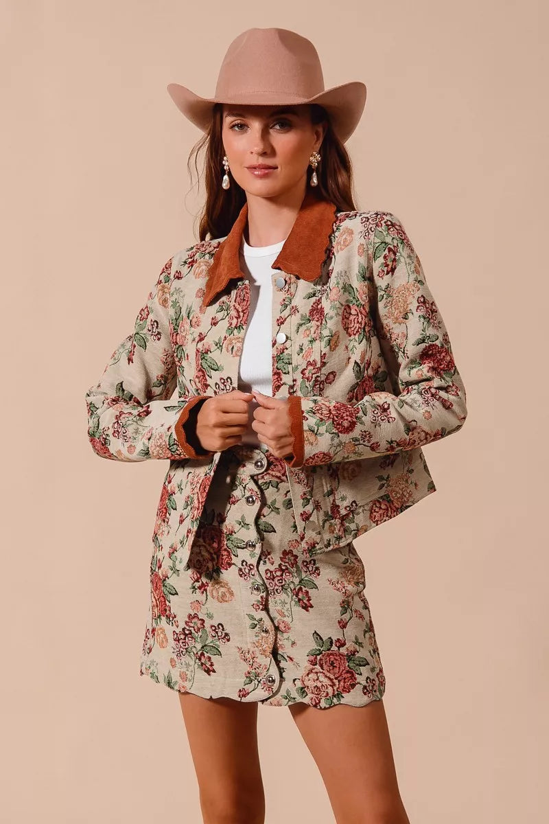 SO ME Floral Jacquard Button Front Mini Skirt with Scall