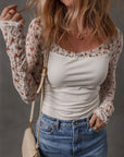 Floral Lace Patchwork Long Sleeve Square Neck Top