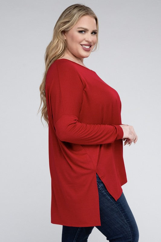 Zenana Plus Dolman Sleeve V-Neck Side Slit Hi-Low Hem Top