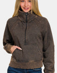 Zenana Acid Washed Half Zip Fleece Sweatshirt