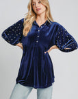 Umgee Pearl Detail Collared Neck Velvet Babydoll Blouse