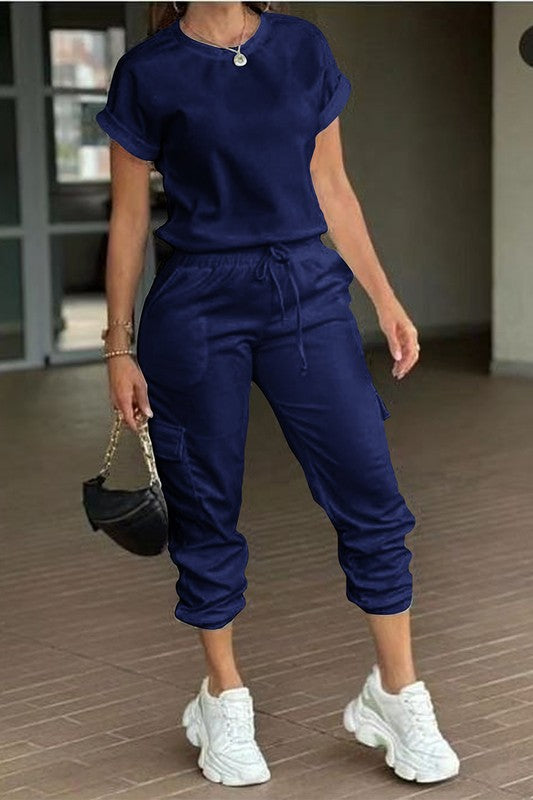 Crew Neck Short Sleeve Drawstring Waist Jumpsuit