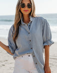 Chambray Ruffle Short Puff Sleeve Buttoned Shirt