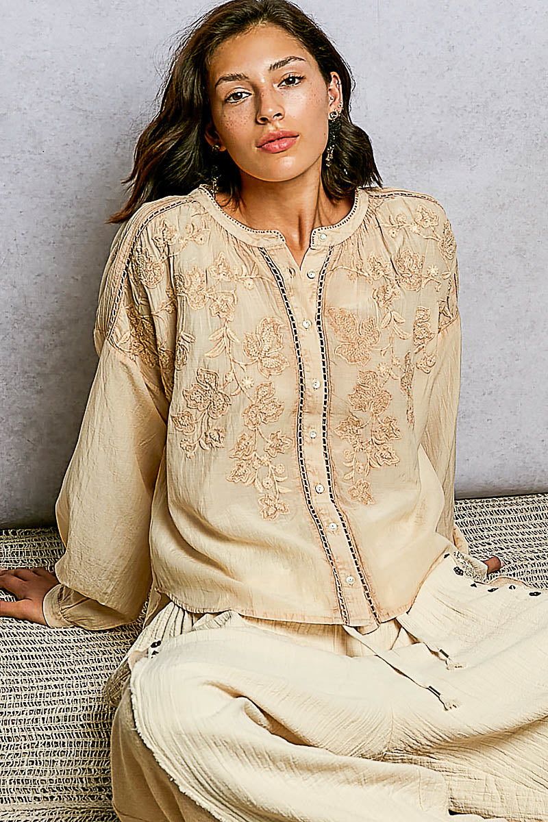 POL Embroidery Button Down Long Sleeve Washed Shirt