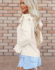 Beige Ruffled Flounce Sleeve Corduroy Blouse