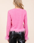 Mittoshop Feather Trim Long Sleeve Crop Hacci Knit Top