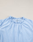 Gingham Floral Embroidered Puff Sleeve Blouse