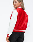 Love Me Now PU Leather Contrast Snap Down Bomber Jacket