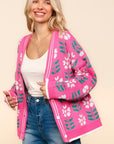 Haptics Full Size Floral Jacquard V-Neck Button Up Cardigan