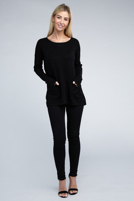 Zenana Viscose Front Pockets Sweater