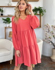 Double Take Full Size V-Neck Balloon Sleeve Tiered Dress with Pockets