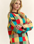 Davi & Dani Color Block Checkered Dropped Shoulder Sweater