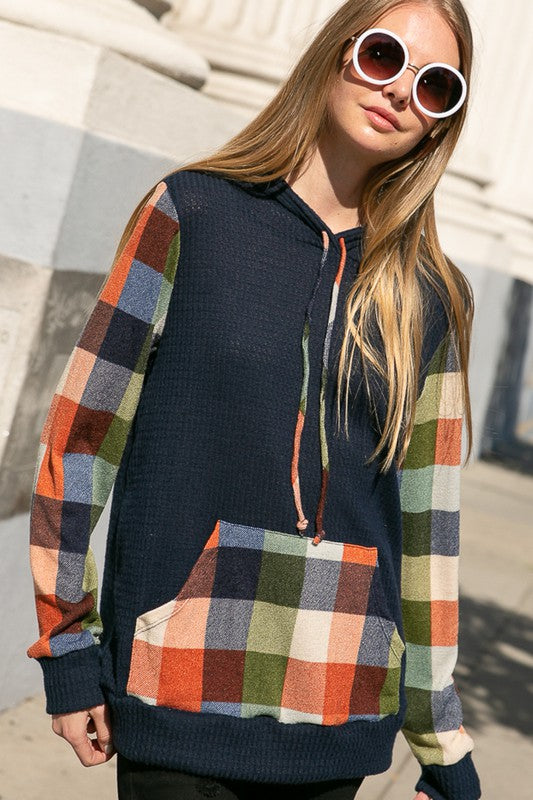 e Luna Plaid Mixed Hoodie Sweatshirt