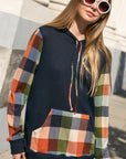 e Luna Plaid Mixed Hoodie Sweatshirt