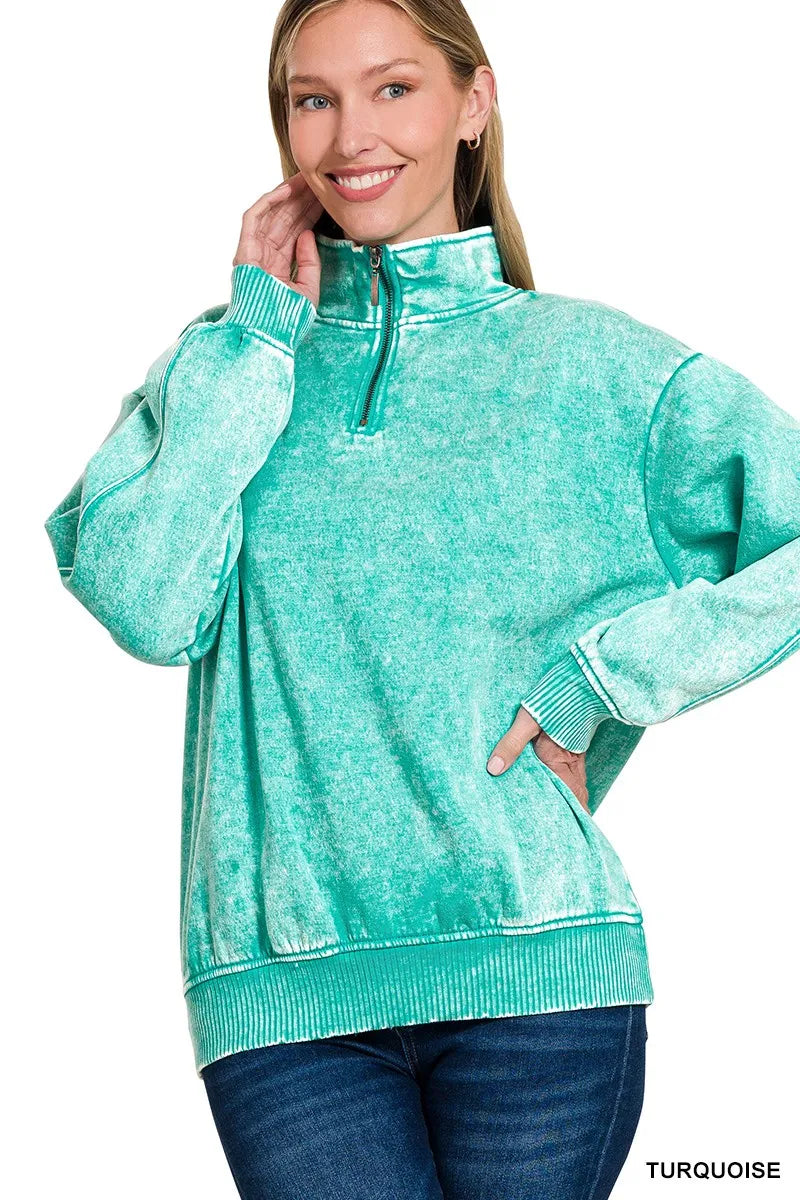 Zenana Acid Wash Fleece Quarter Zip Sweatshirt in Turquoise