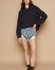 POL Back Open Slit Balloon Sleeve Crop Hooded Sweater