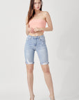 RISEN High Rise Distressed Denim Bermuda Shorts