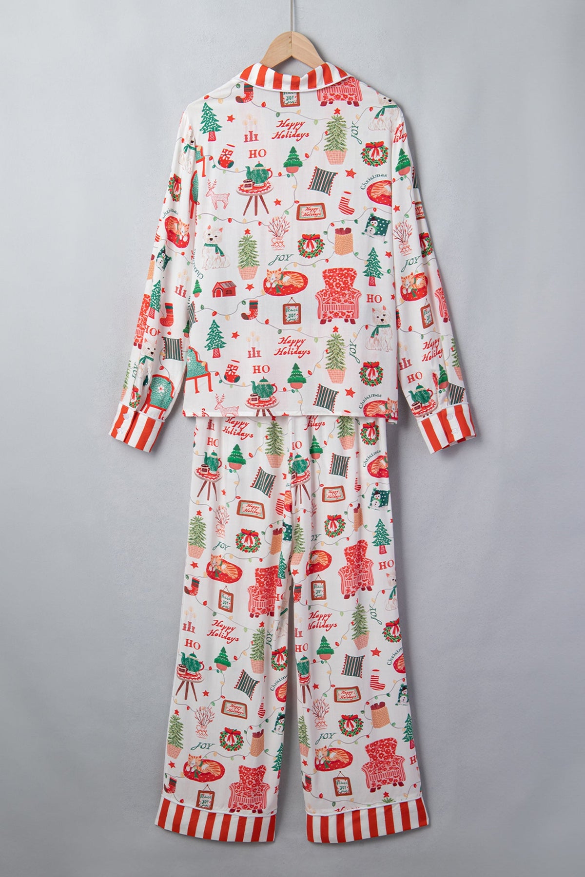 Christmas Morning Stripe-Trim Pajama Set — White