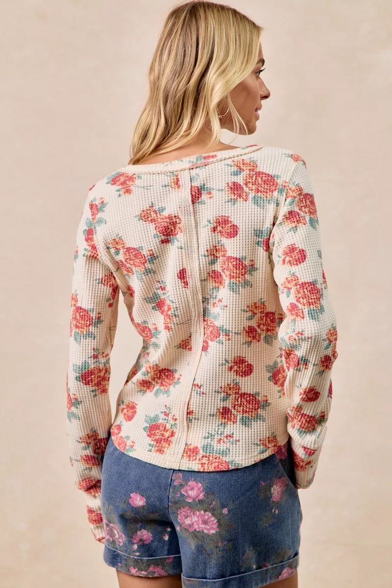 BiBi Floral Print Washed Waffle Thermal Top With Thumb