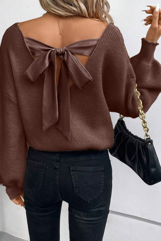 Bow Back Lantern Sleeve V-Neck Sweater