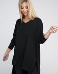 Zenana Dolman Long Sleeve V-Neck Side Slit Hi-Low Hem Top