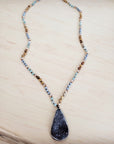 Amazonite & Crystal Long Beaded Necklace w/ Druzy Pendant