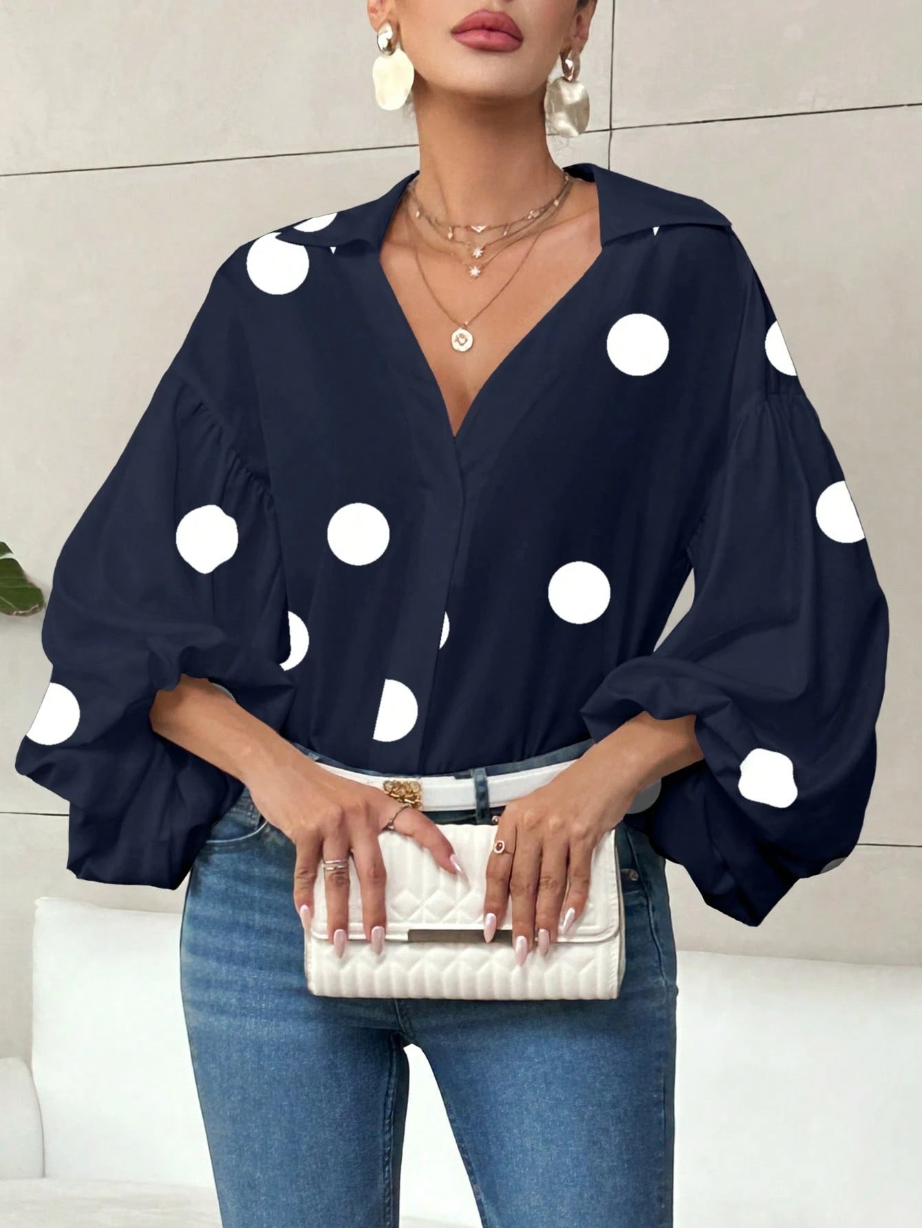 Polka Dot Bubble Sleeve Blouse