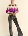 Davi & Dani Checkered Round Neck Long Sleeve Sweater