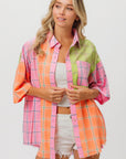 BiBi Plaid Collared Neck Half Sleeve Shirt