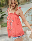 Davi & Dani Embroidered Sleeveless Ruffle Tank Top