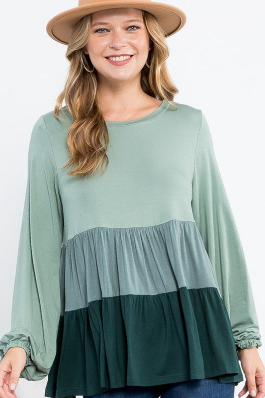 e Luna Color Block Ruffle Tiered Swing Top