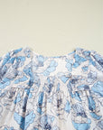 Floral Frilly Smocked Square Neck Long Sleeve Blouse