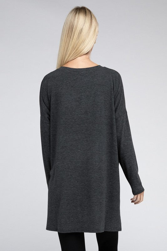 Zenana Dolman Long Sleeve V-Neck Side Slit Hi-Low Hem Top