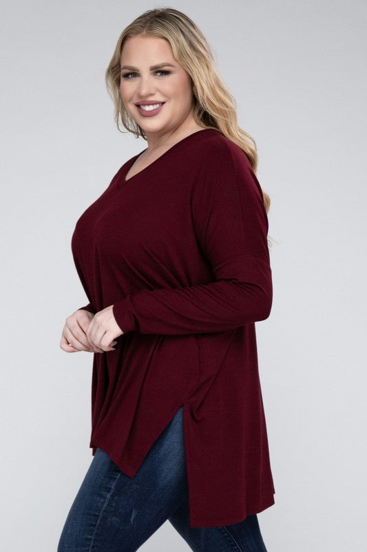 Zenana Plus Dolman Sleeve V-Neck Side Slit Hi-Low Hem Top